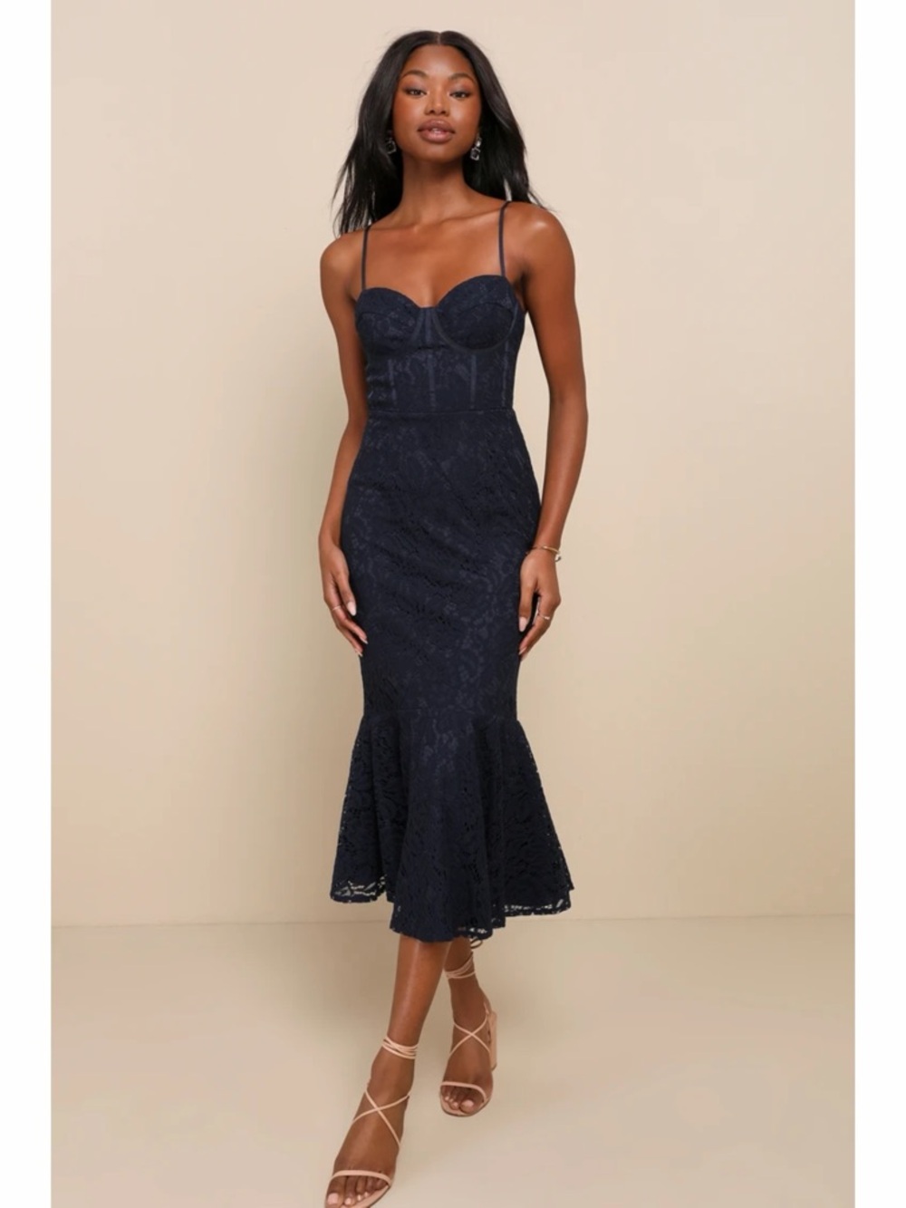 NWT Lulus Found Your Love Navy Blue Lace Sleeveless Trumpet Midi Dress